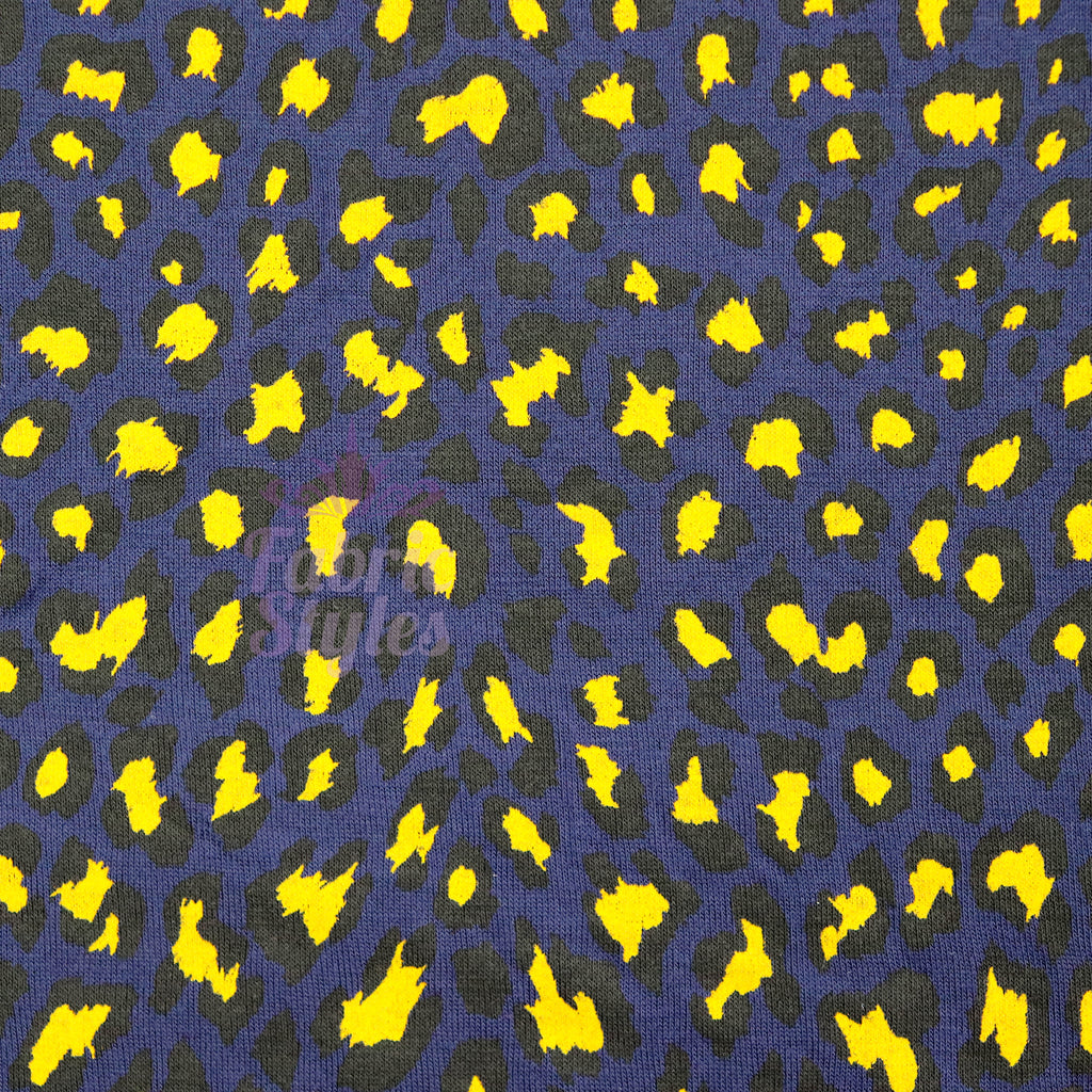 Navy Animal Print Fabric Yellow Black Spots Viscose Elastane Fabric