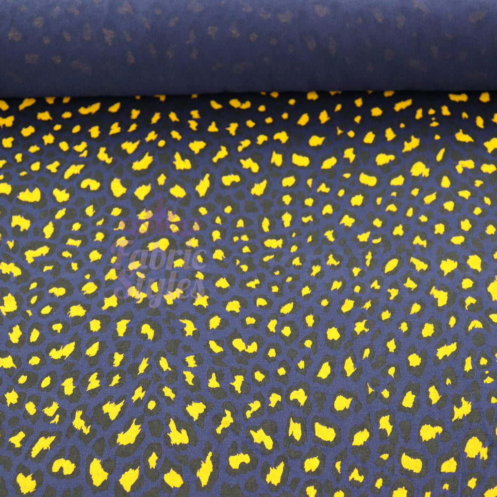 Navy Animal Print Fabric Yellow Black Spots Viscose Elastane Fabric