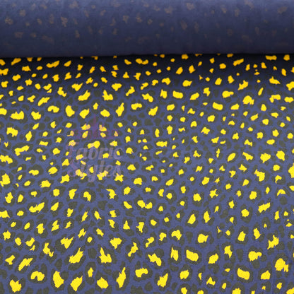 Navy Animal Print Fabric Yellow Black Spots Viscose Elastane Fabric