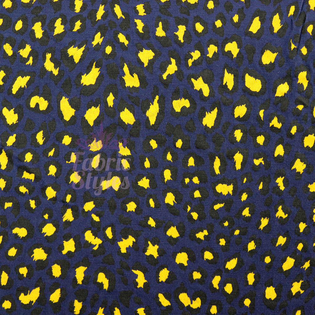 Navy Animal Print Fabric Yellow Black Spots Viscose Elastane Fabric