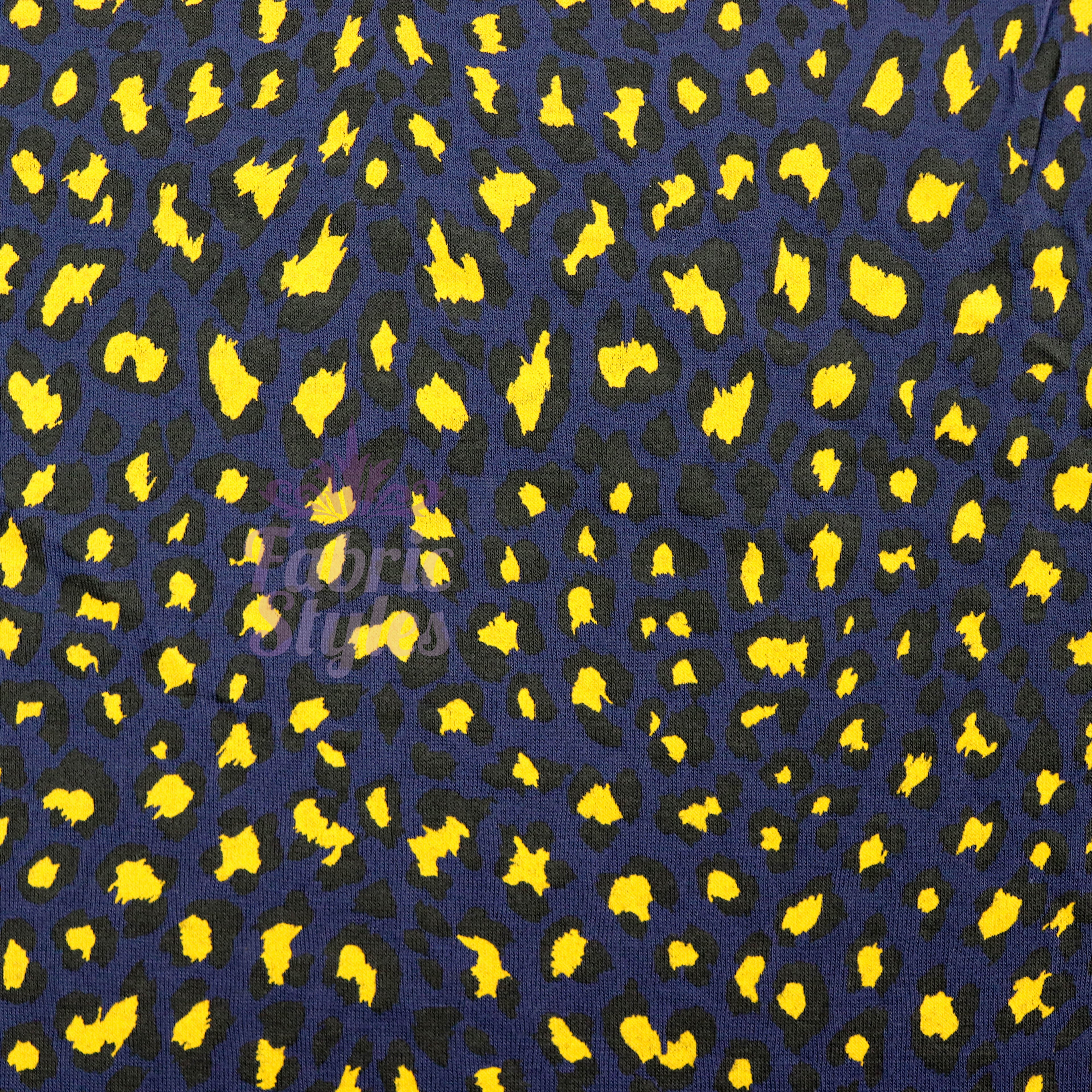 Navy Animal Print Fabric Yellow Black Spots Viscose Elastane Fabric