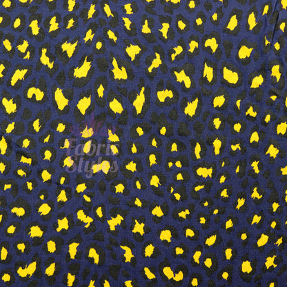 Navy Animal Print Fabric Yellow Black Spots Viscose Elastane Fabric