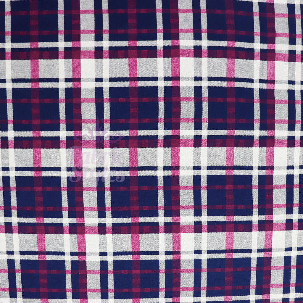 Navy Tartan Pink White Plaid Print Viscose Elastane Fabric