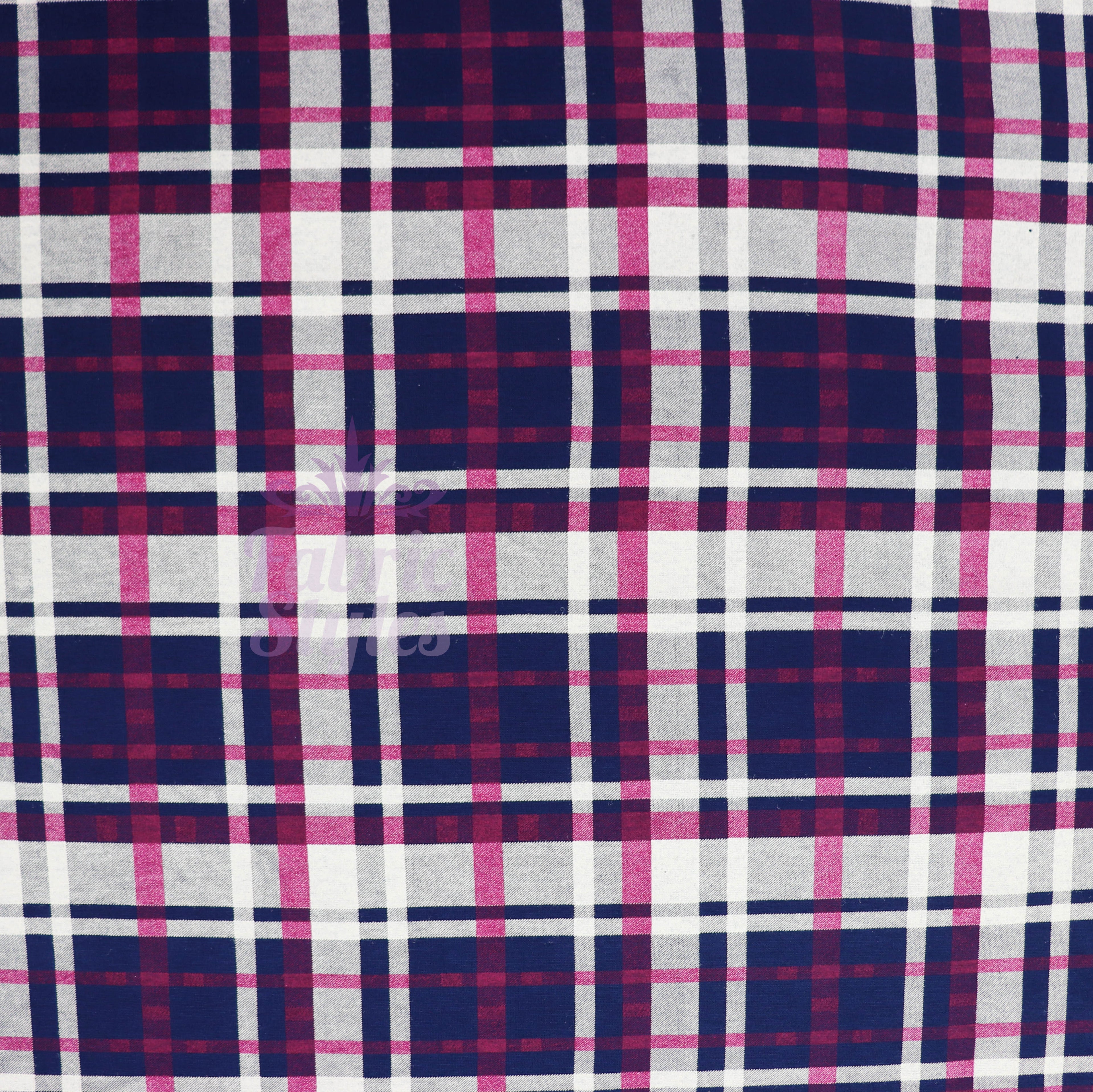Navy Tartan Pink White Plaid Print Viscose Elastane Fabric