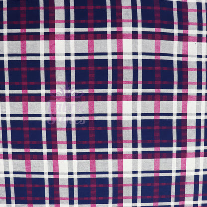 Navy Tartan Pink White Plaid Print Viscose Elastane Fabric