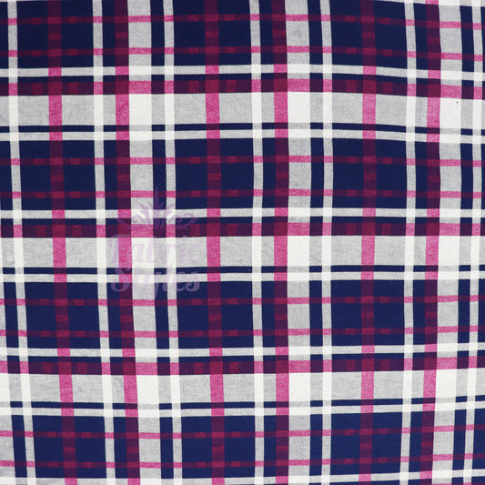 Navy Tartan Pink White Plaid Print Viscose Elastane Fabric