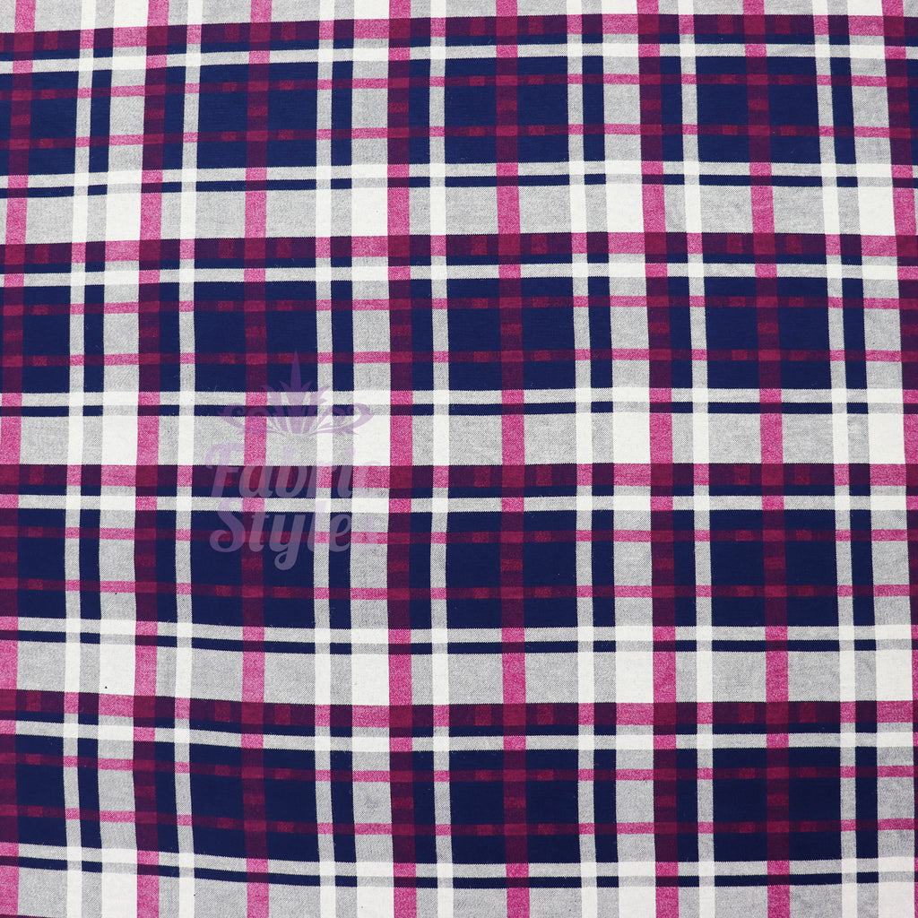 Navy Tartan Pink White Plaid Print Viscose Elastane Fabric