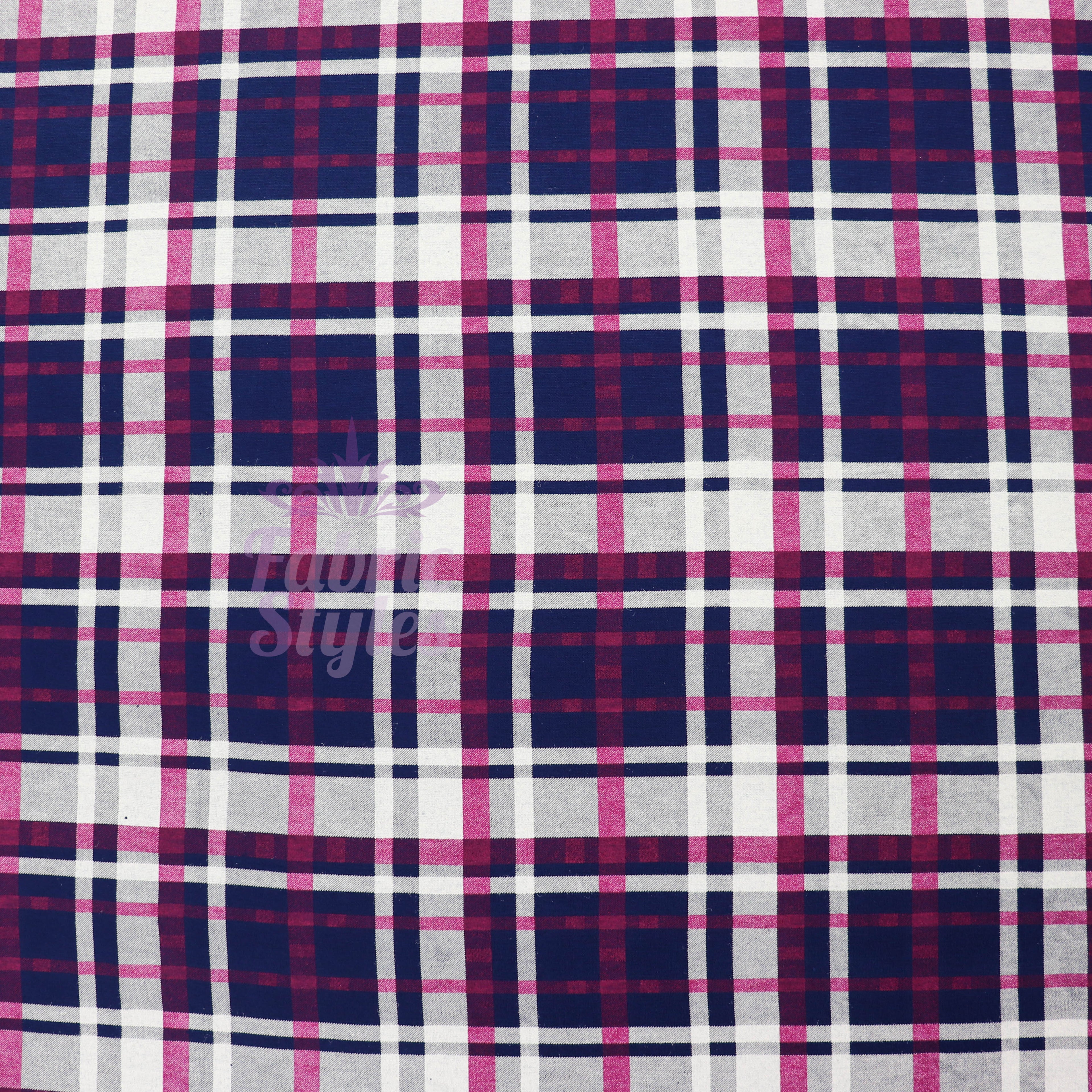 Navy Tartan Pink White Plaid Print Viscose Elastane Fabric