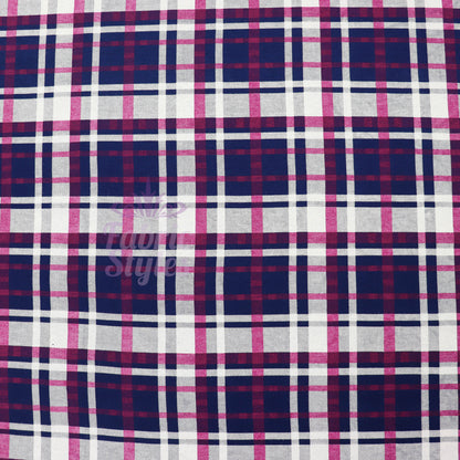 Navy Tartan Pink White Plaid Print Viscose Elastane Fabric