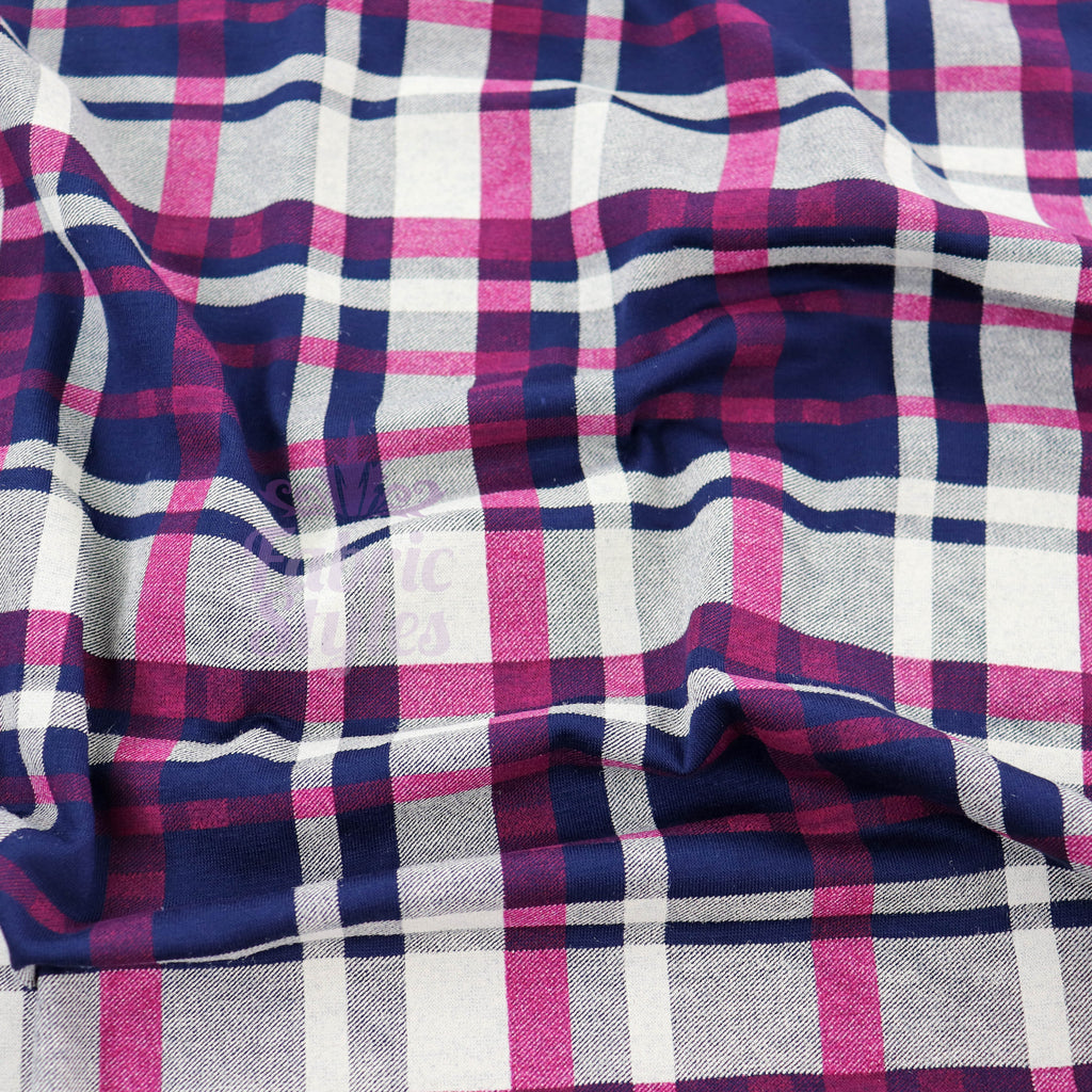 Navy Tartan Pink White Plaid Print Viscose Elastane Fabric