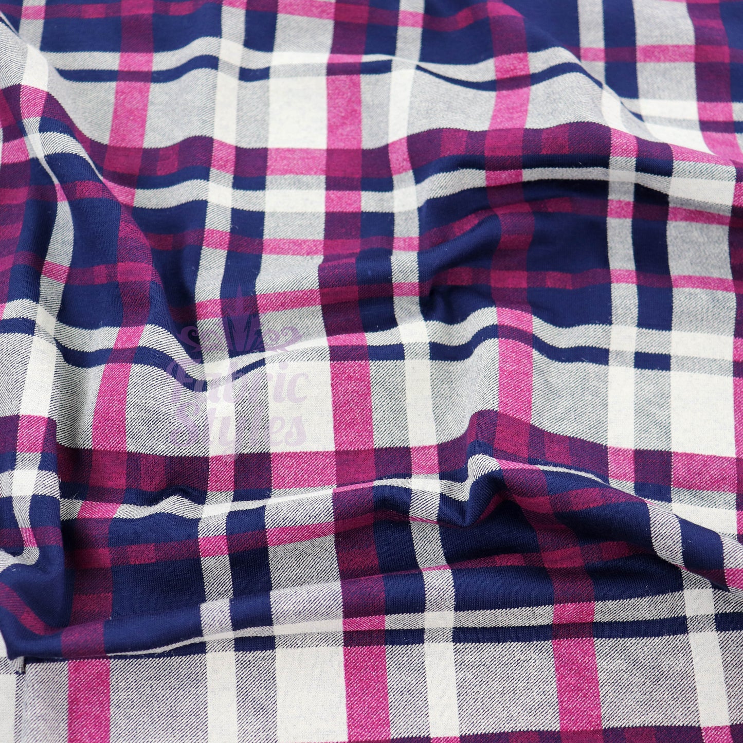 Navy Tartan Pink White Plaid Print Viscose Elastane Fabric