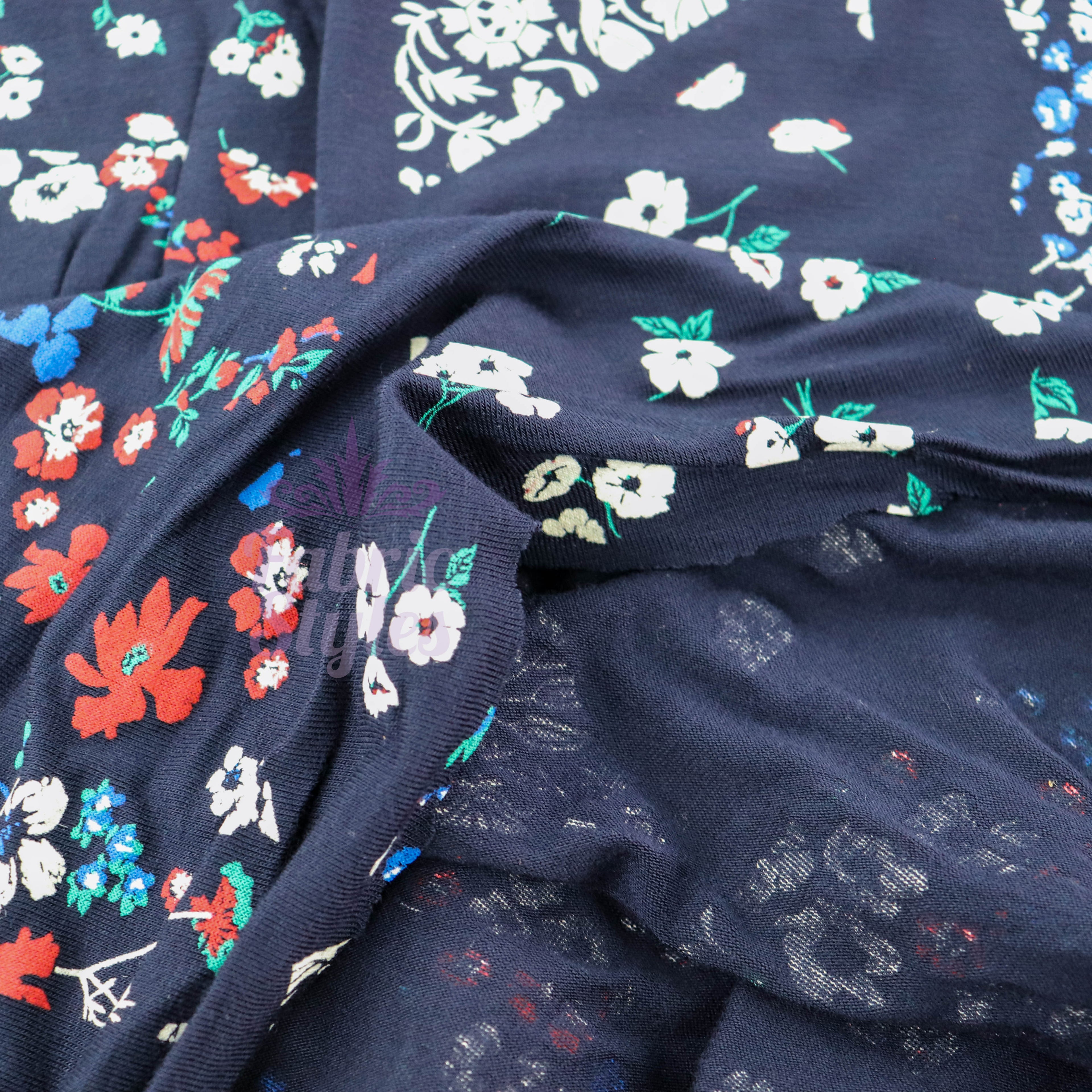 Navy Geometric Floral Ditsy Viscose Elastane Fabric