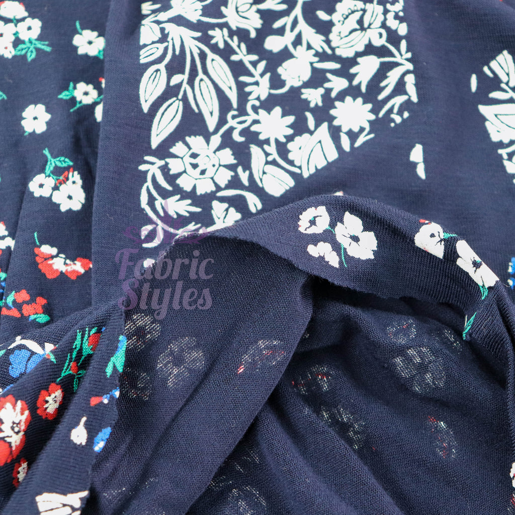 Navy Geometric Floral Ditsy Viscose Elastane Fabric