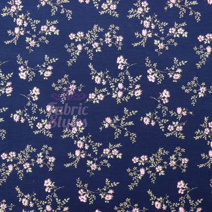 Navy Floral Pink Green Flowers Viscose Elastane Fabric