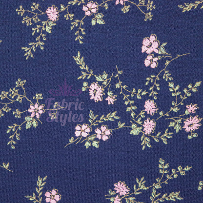 Navy Floral Pink Green Flowers Viscose Elastane Fabric