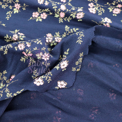 Navy Floral Pink Green Flowers Viscose Elastane Fabric