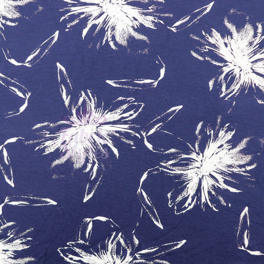 Navy Vintage Floral White Stencil Viscose Elastane Fabric