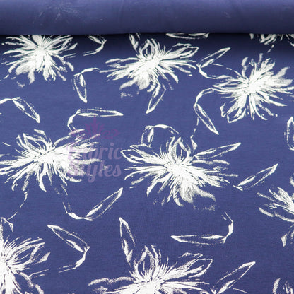 Navy Vintage Floral White Stencil Viscose Elastane Fabric