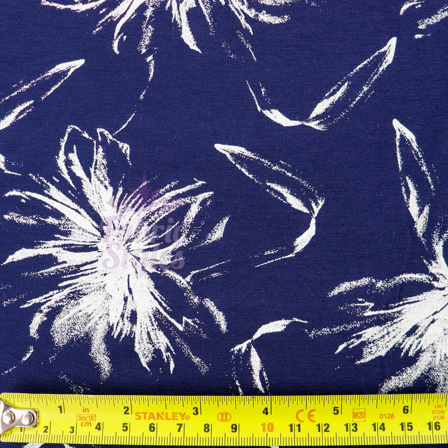 Navy Vintage Floral White Stencil Viscose Elastane Fabric