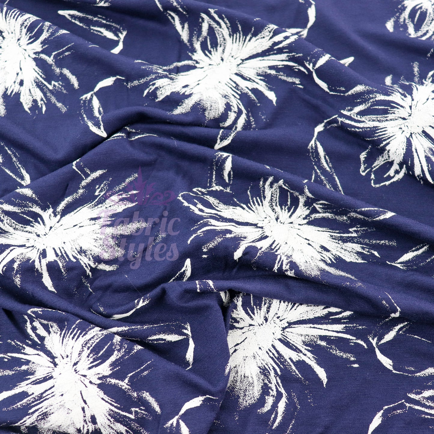 Navy Vintage Floral White Stencil Viscose Elastane Fabric