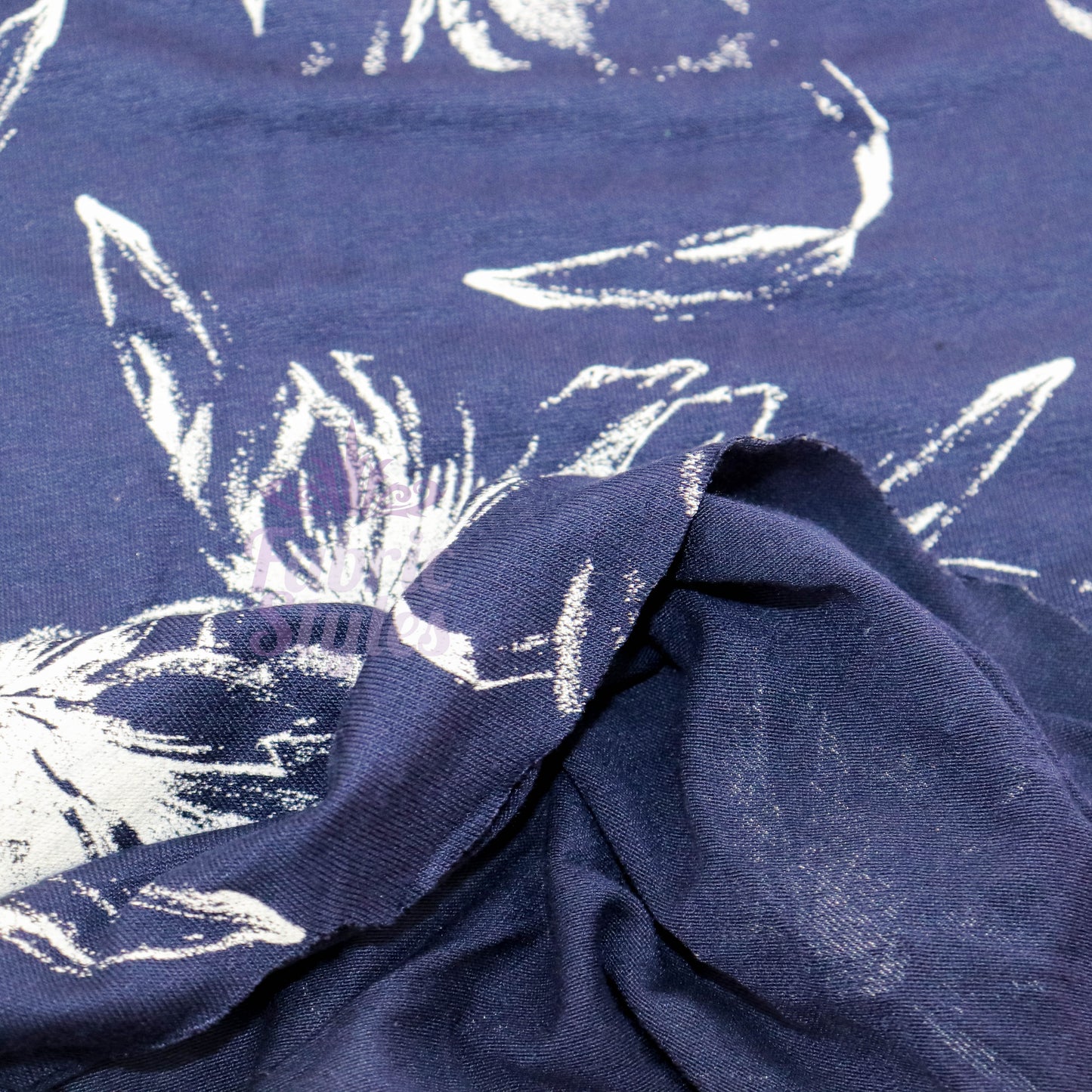 Navy Vintage Floral White Stencil Viscose Elastane Fabric