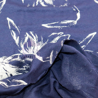 Navy Vintage Floral White Stencil Viscose Elastane Fabric