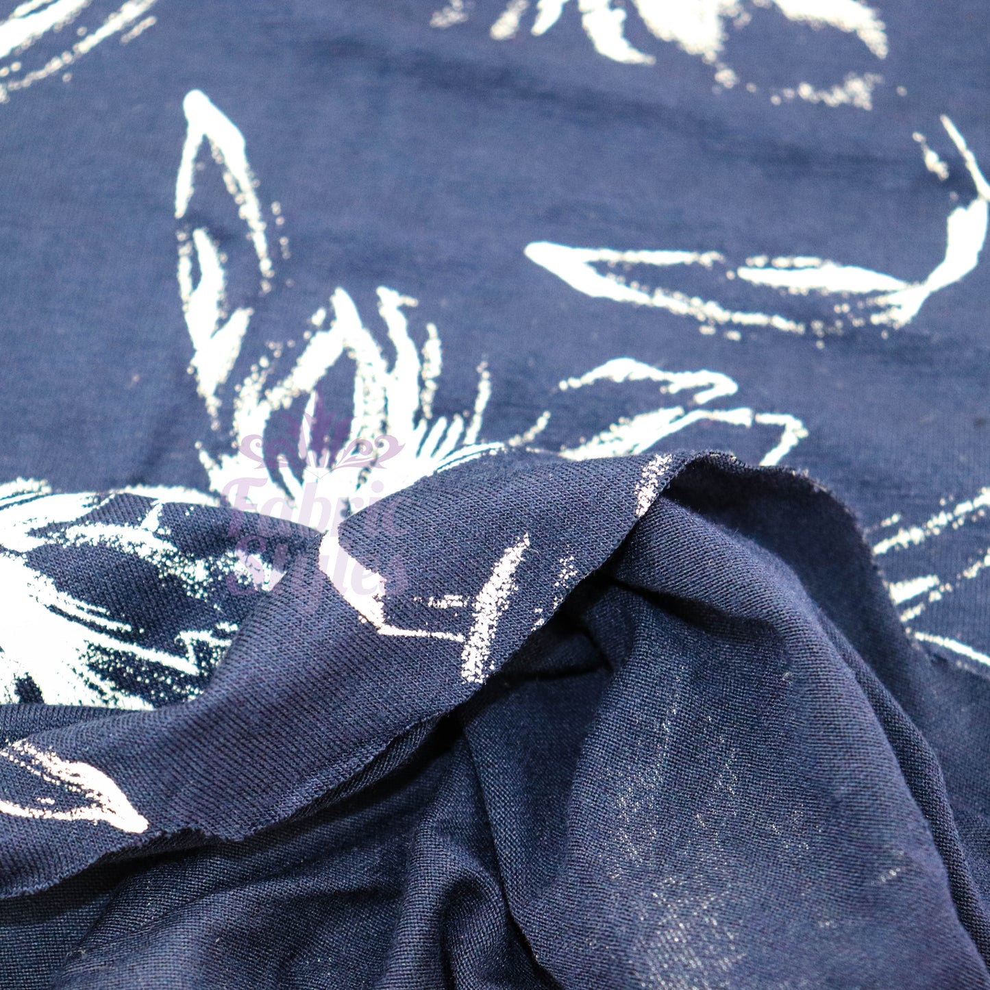 Navy Vintage Floral White Stencil Viscose Elastane Fabric