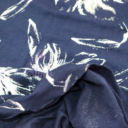 Navy Vintage Floral White Stencil Viscose Elastane Fabric