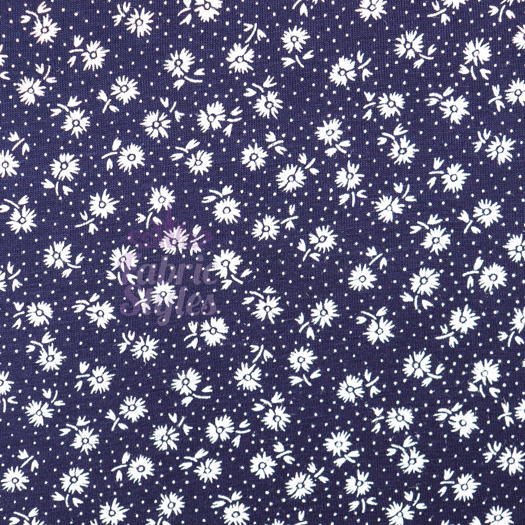 Navy Floral Small White Flowers Viscose Elastane Fabric