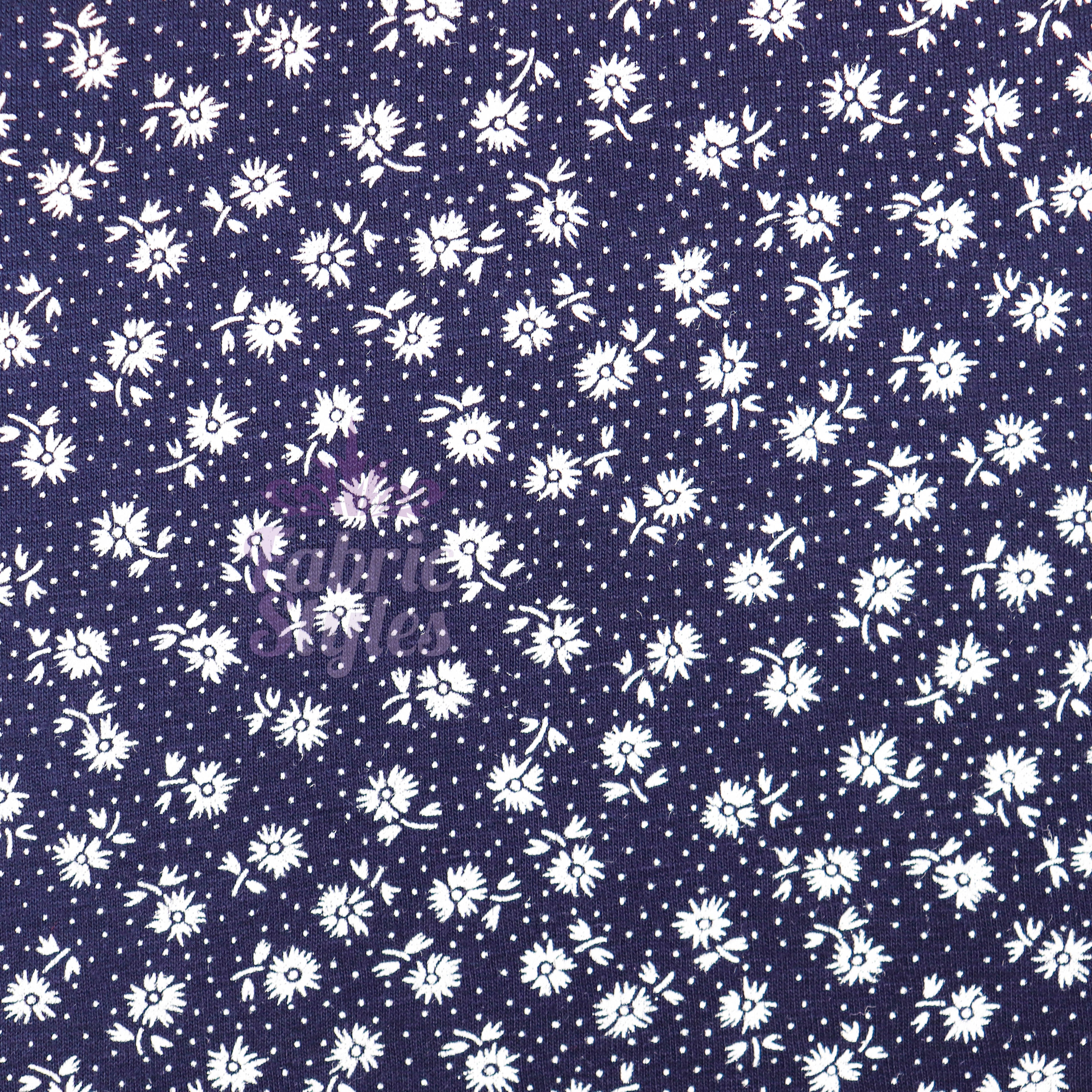 Navy Floral Small White Flowers Viscose Elastane Fabric