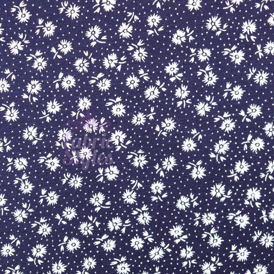 Navy Floral Small White Flowers Viscose Elastane Fabric