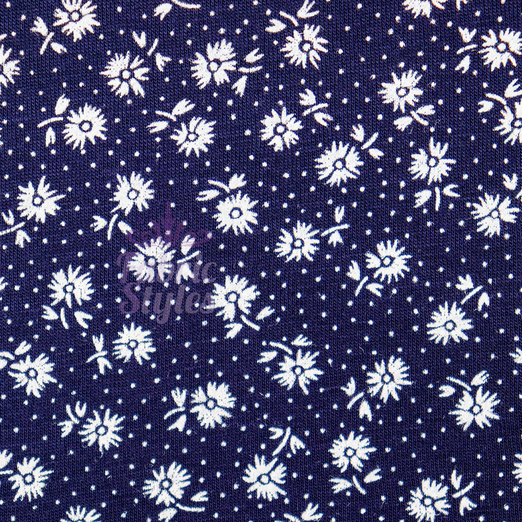Navy Floral Small White Flowers Viscose Elastane Fabric