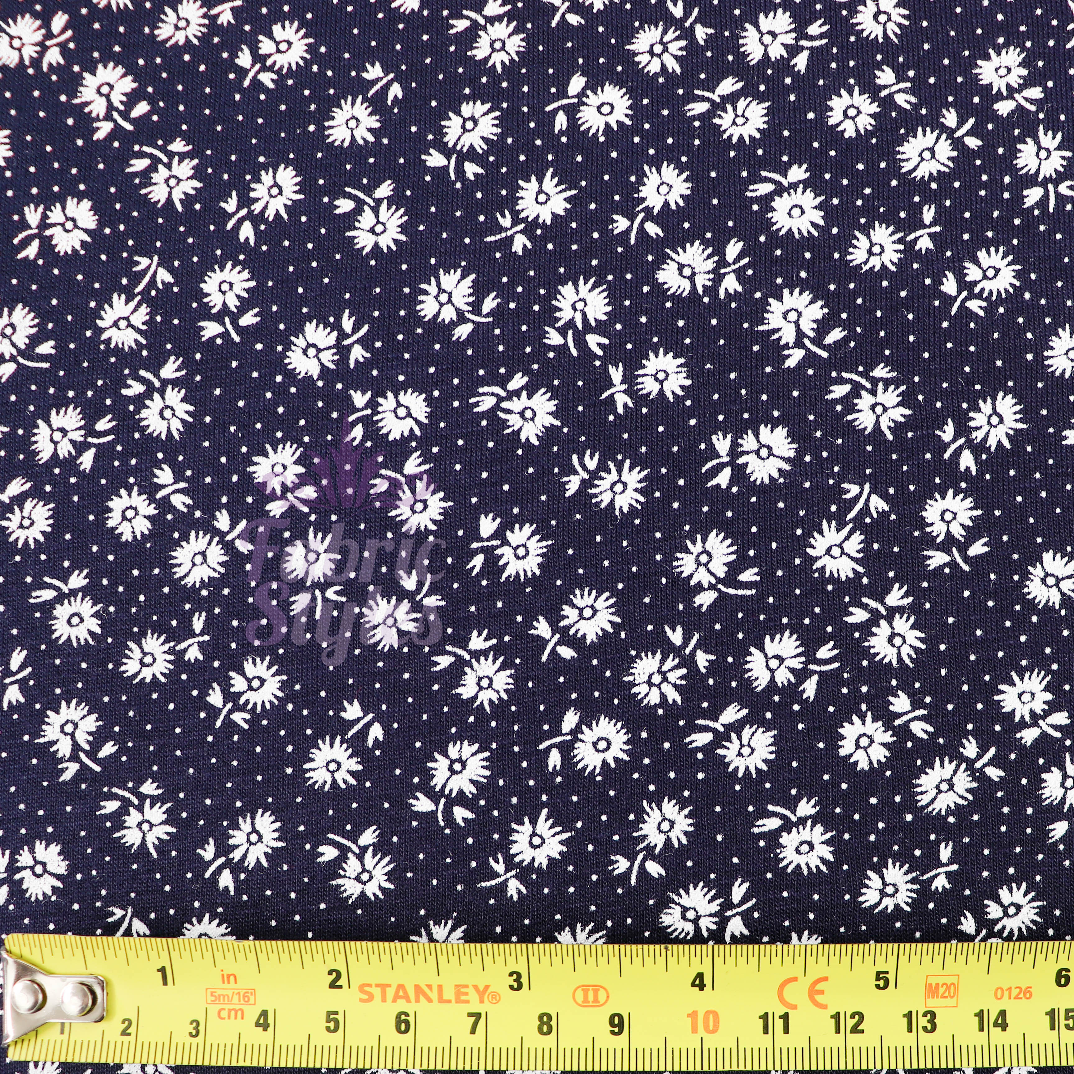 Navy Floral Small White Flowers Viscose Elastane Fabric