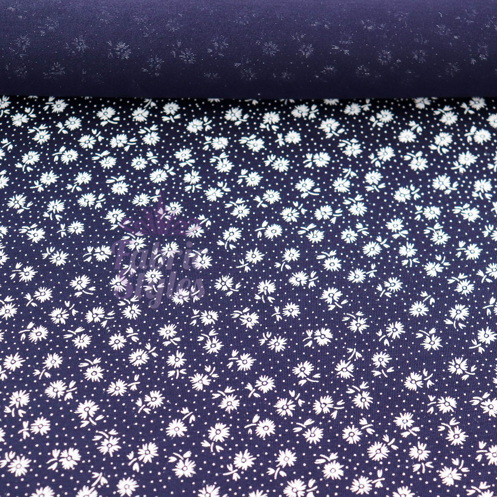Navy Floral Small White Flowers Viscose Elastane Fabric