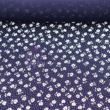 Navy Floral Small White Flowers Viscose Elastane Fabric
