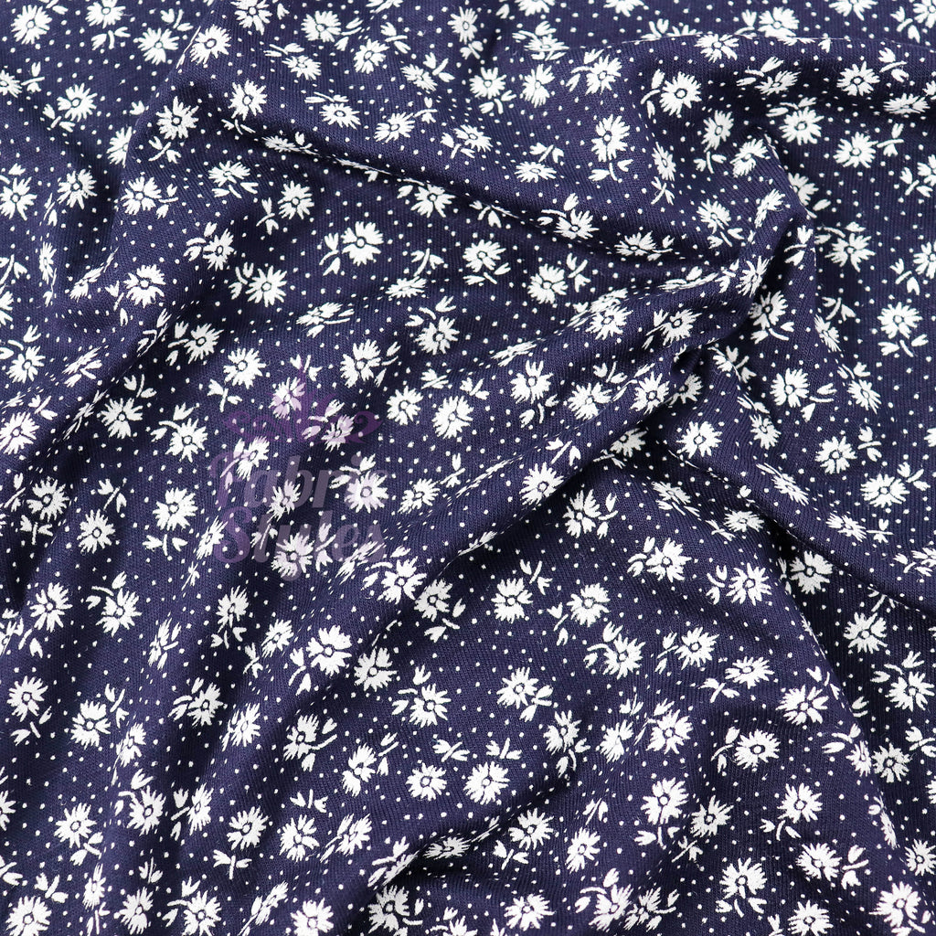 Navy Floral Small White Flowers Viscose Elastane Fabric
