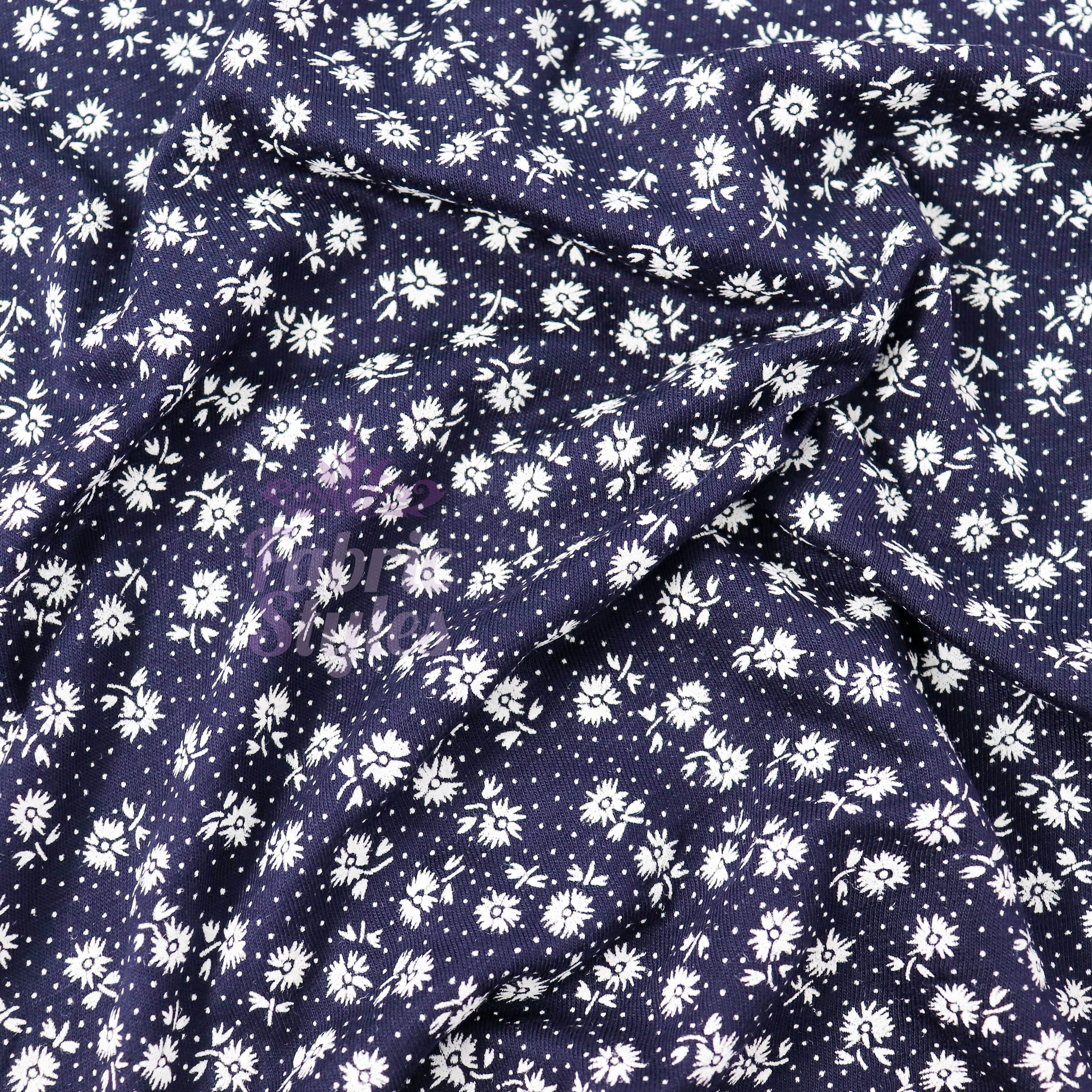 Navy Floral Small White Flowers Viscose Elastane Fabric