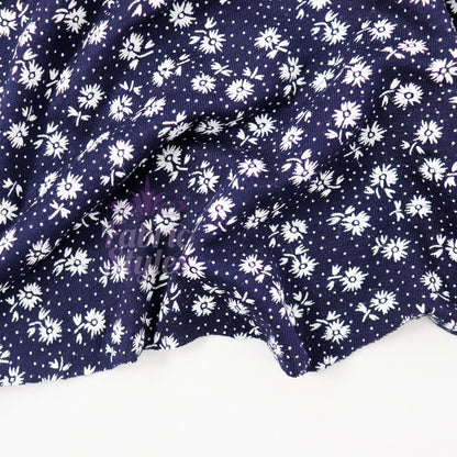 Navy Floral Small White Flowers Viscose Elastane Fabric