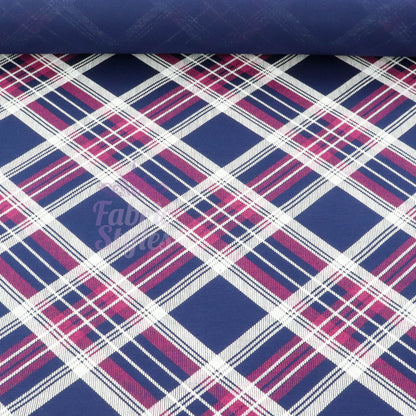 Navy Tartan Diagonal Plaid Print Viscose Elastane Fabric