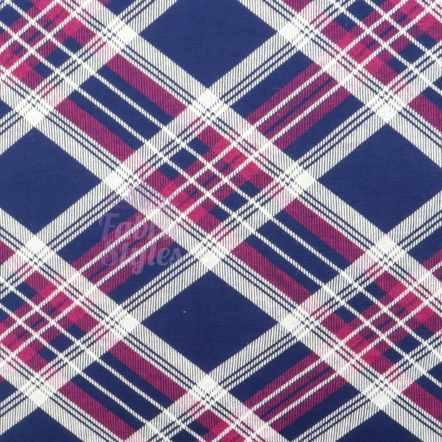 Navy Tartan Diagonal Plaid Print Viscose Elastane Fabric