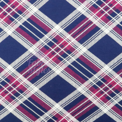 Navy Tartan Diagonal Plaid Print Viscose Elastane Fabric