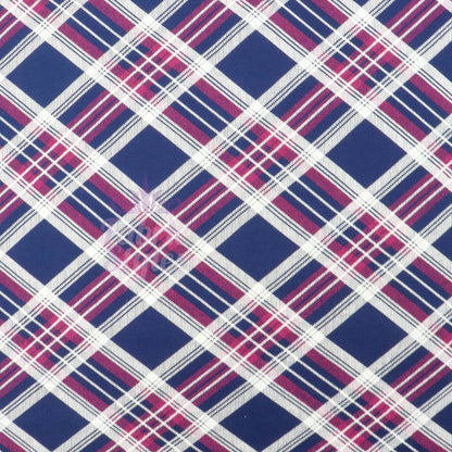 Navy Tartan Diagonal Plaid Print Viscose Elastane Fabric