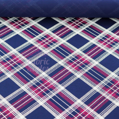 Navy Tartan Diagonal Plaid Print Viscose Elastane Fabric