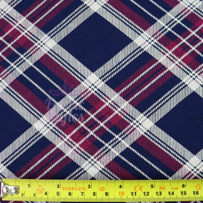 Navy Tartan Diagonal Plaid Print Viscose Elastane Fabric