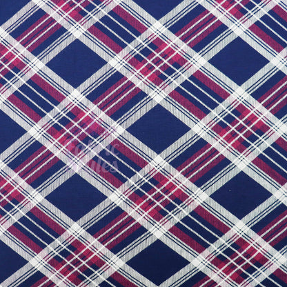 Navy Tartan Diagonal Plaid Print Viscose Elastane Fabric