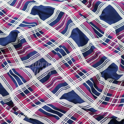 Navy Tartan Diagonal Plaid Print Viscose Elastane Fabric