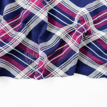 Navy Tartan Diagonal Plaid Print Viscose Elastane Fabric