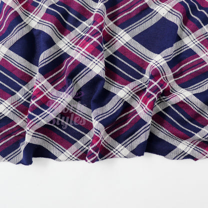 Navy Tartan Diagonal Plaid Print Viscose Elastane Fabric