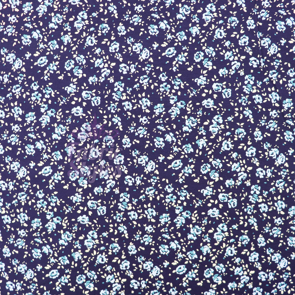 Navy Ditsy Small Floral Blue Roses Viscose Elastane Fabric