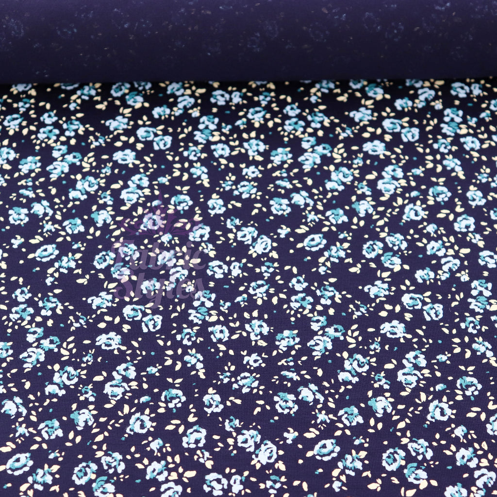 Navy Ditsy Small Floral Blue Roses Viscose Elastane Fabric